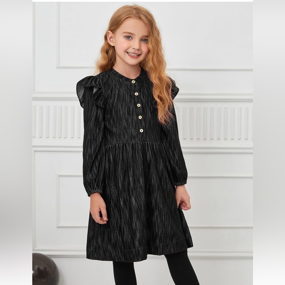 Girls Denim Dress Flutter Long Sleeve Classic Jean Blue Button Down  Size Large
